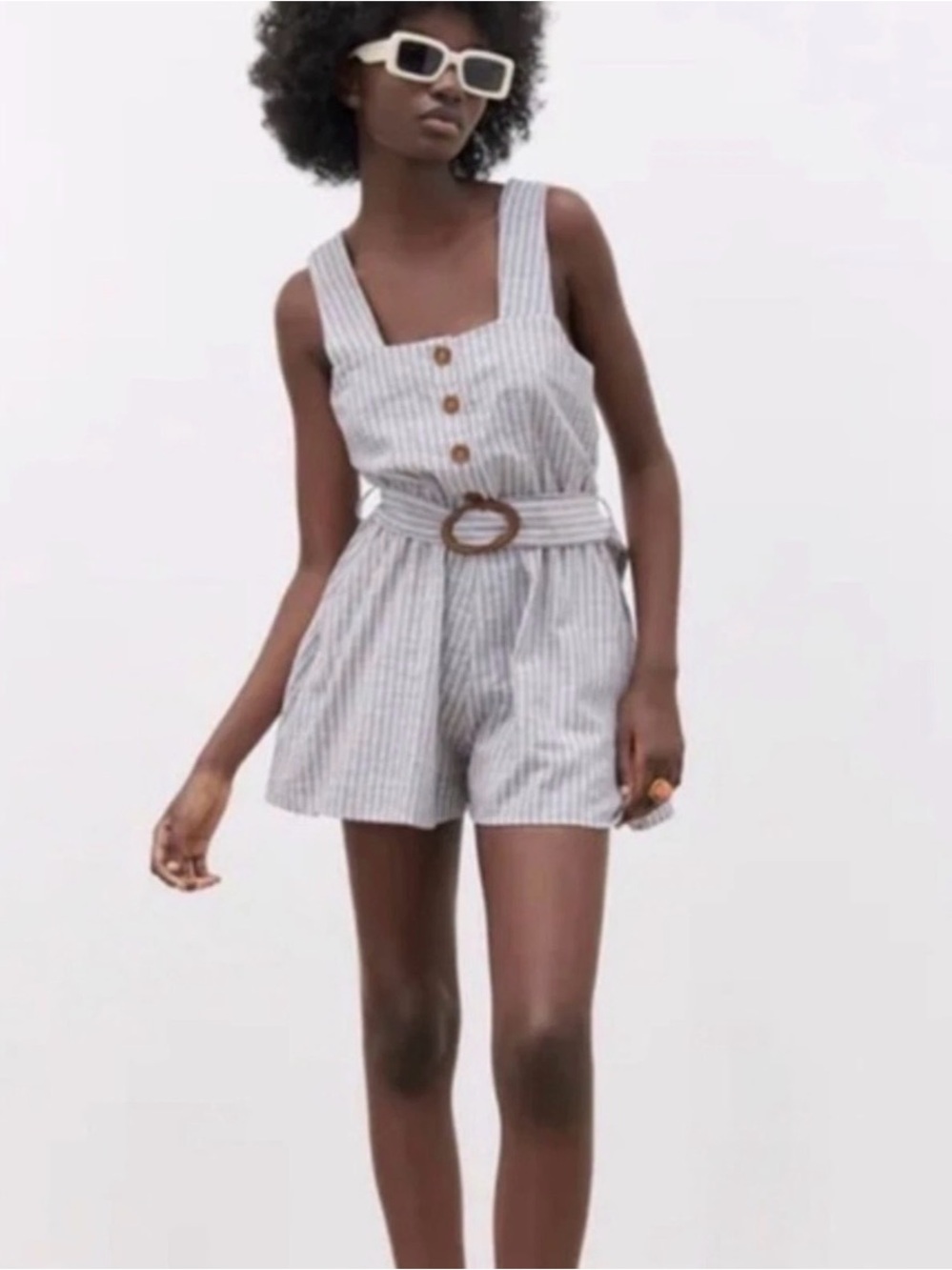 Zara Light Blue Striped Belted Romper L